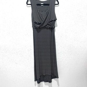 CAbi Black Ruched stretchy hi low‎ stripes Sheath Midi Dress large
